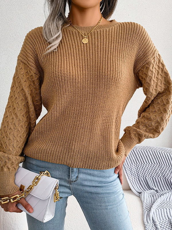 Pull ample à manches longues en tricot torsadé de couleur unie à col rond