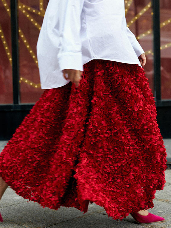 Jupe coupe trapèze, taille haute, à fleurs en 3D, couleur unie
