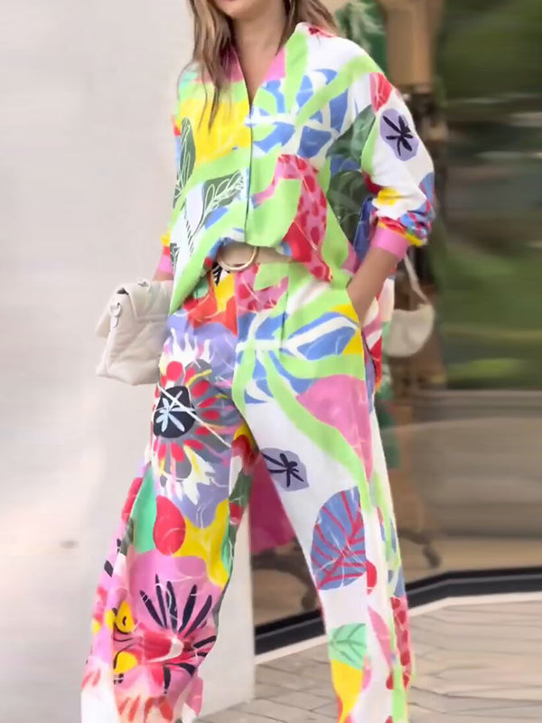 Ensemble deux pièces imprimé boutonné à manches longues, à col revers, taille haute, couleur contrastée – chemisier + pantalon
