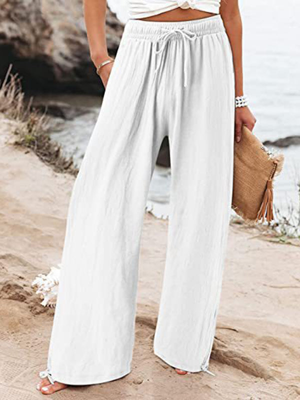 Pantalon ample à jambes larges, à cordon de serrage, à taille élastique, couleur unie