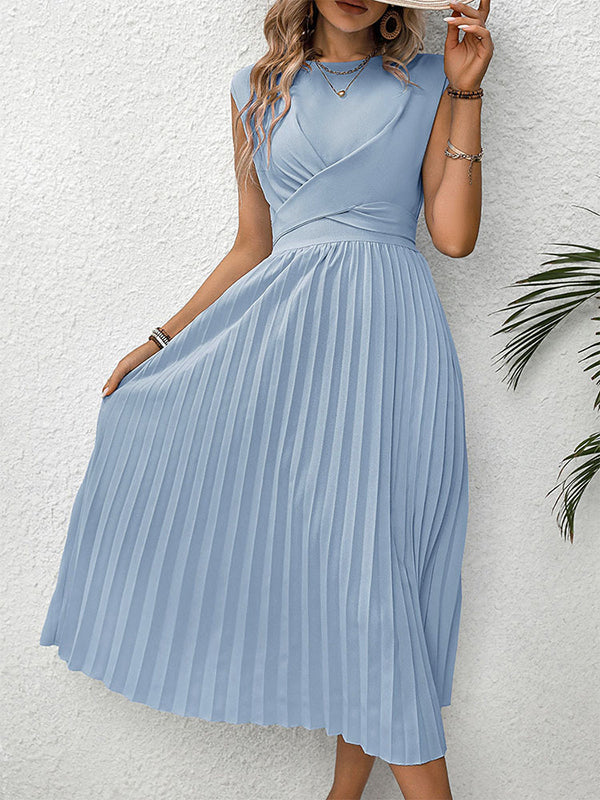 Robe mi-longue ample plissée à manches raglan, à taille élastique, à empiècements, à taille nouée, à col rond, couleur unie