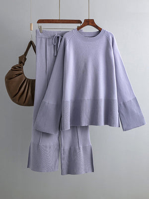 Ensemble deux pièces décontracté ample à manches longues, à col rond, à jambes larges, couleur unie – pull + pantalon