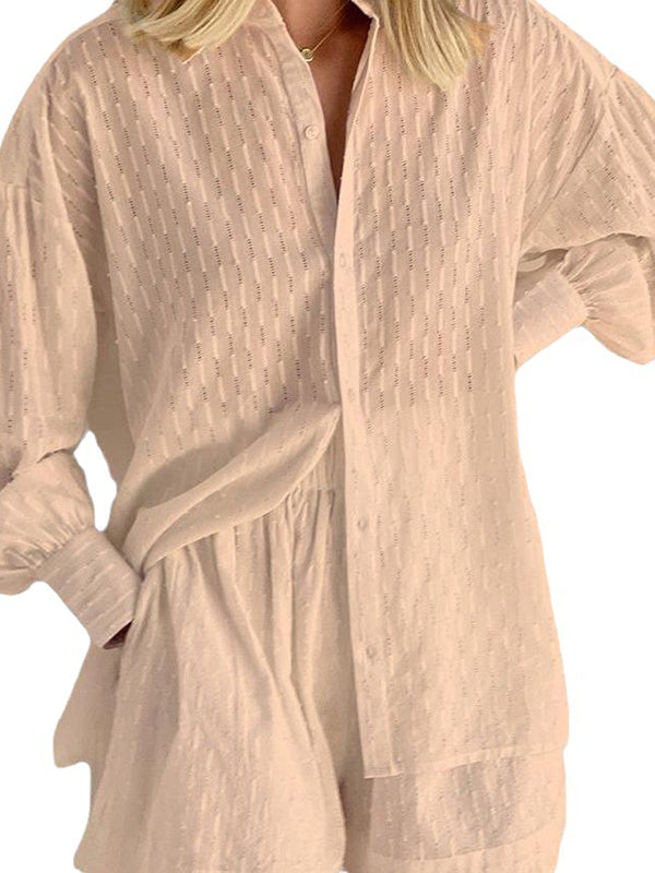 Ensemble deux pièces boutonné à ourlet plongeant, à manches longues, en jacquard, à col revers, couleur unie – chemise + haut + short