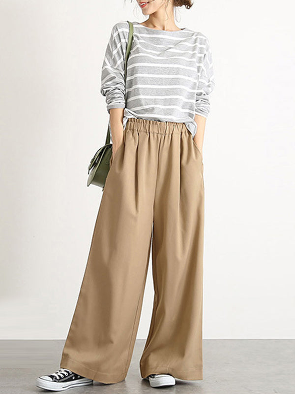 Pantalon taille haute à jambes larges, élastique, couleur unie, à empiècements, large côté
