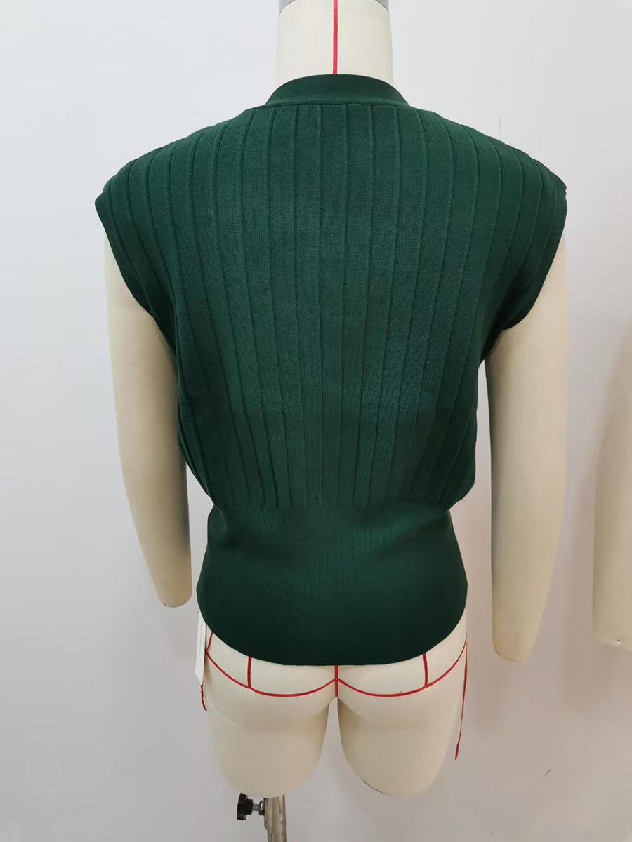 Débardeur ample fendu sur le côté taille haute, à boucle, en maille côtelée, à empiècements, à col en V, couleur unie