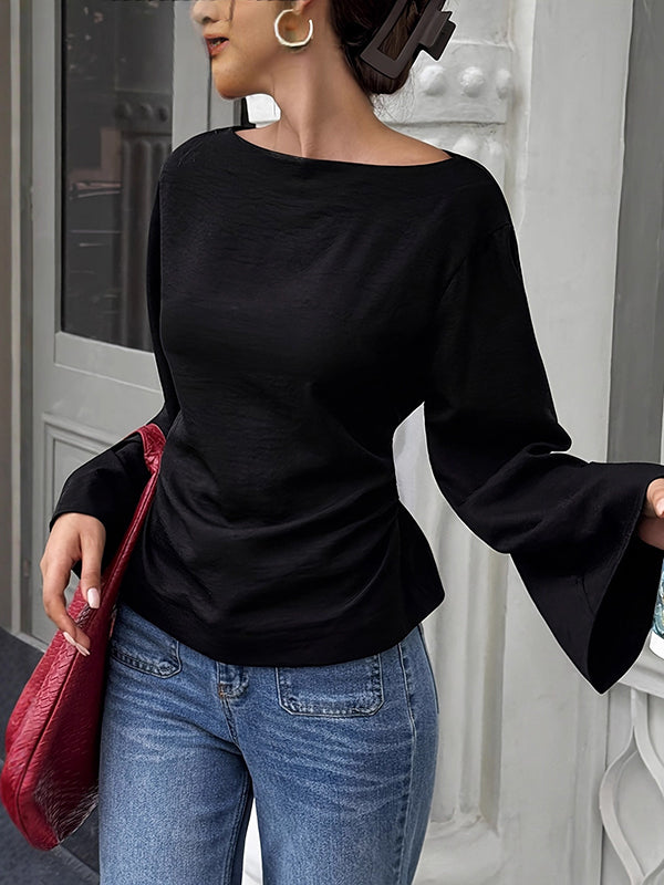 T-shirt à taille élastique, à manches évasées, à empiècements, à taille nouée, à col rond, couleur unie