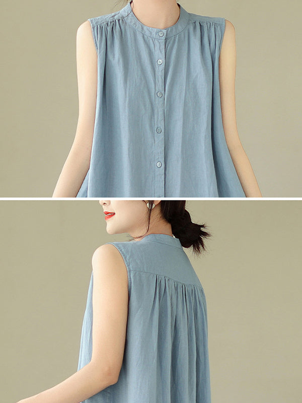 Robe mi-longue boutonnée plissée coupe trapèze, sans manches, à col rond, couleur unie