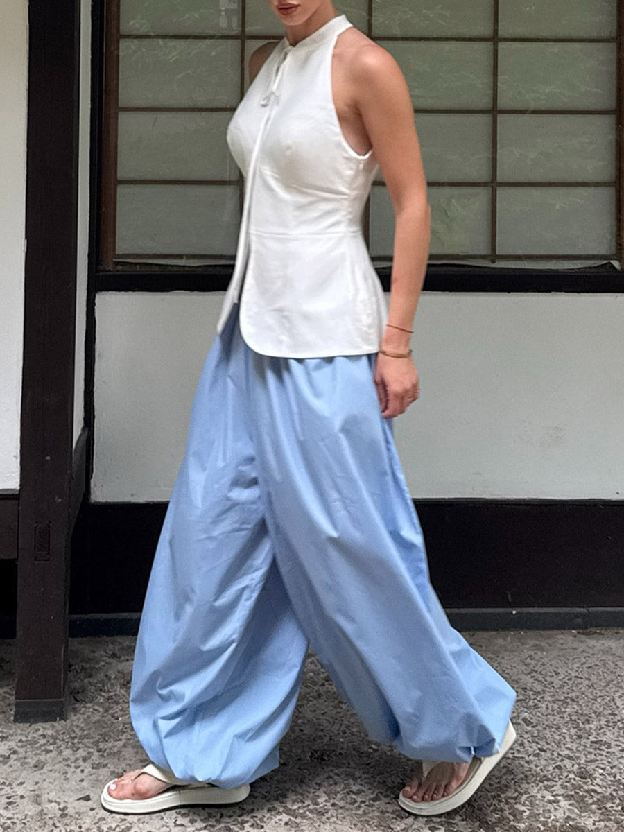 Pantalon resserré aux chevilles plissé à taille élastique, taille haute, à cordon de serrage, couleur unie