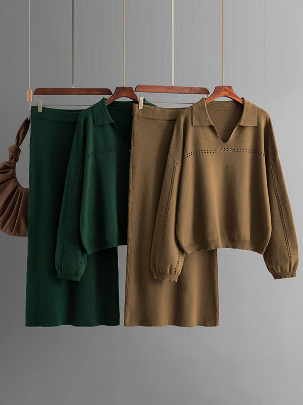Ensemble deux pièces ample ajouré à manches bouffantes, à taille élastique, couleur unie – pull + jupe
