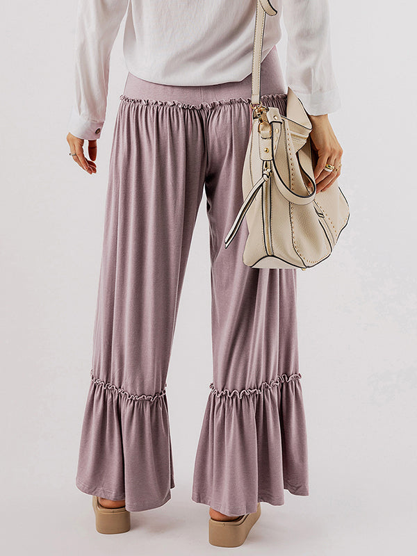 Pantalon ample plissé taille haute, couleur unie