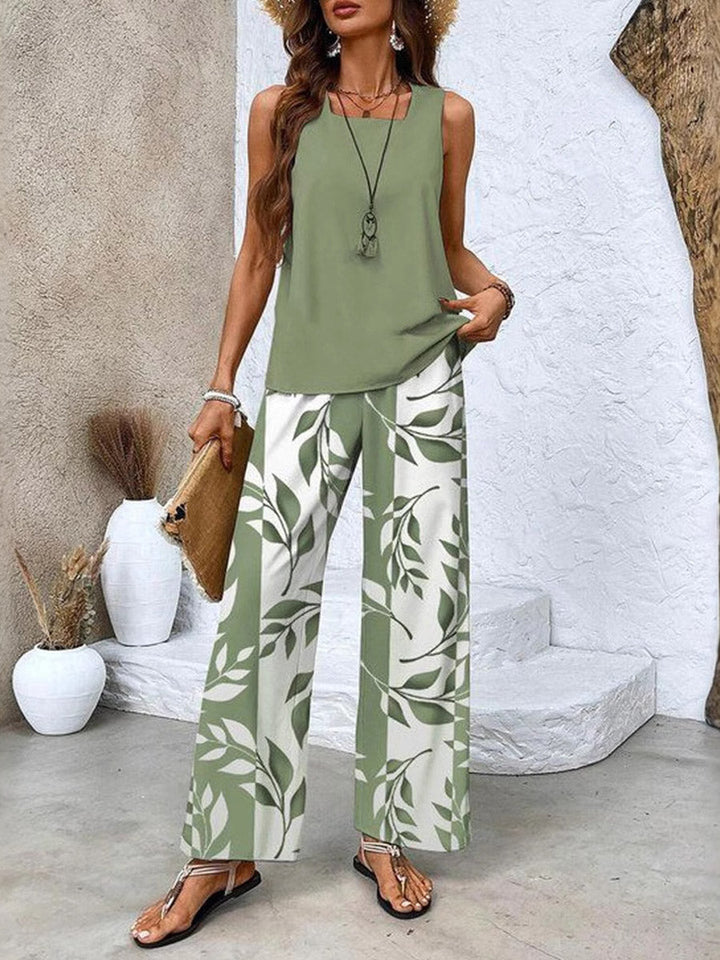 Ensemble deux pièces ample à col carré, à imprimé feuilles, à poches, taille haute, couleur unie, couleur contrastée – débardeur + pantalon