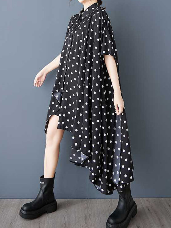 Robe chemise asymétrique boutonnée coupe trapèze, à ourlet plongeant, à pois, à col revers