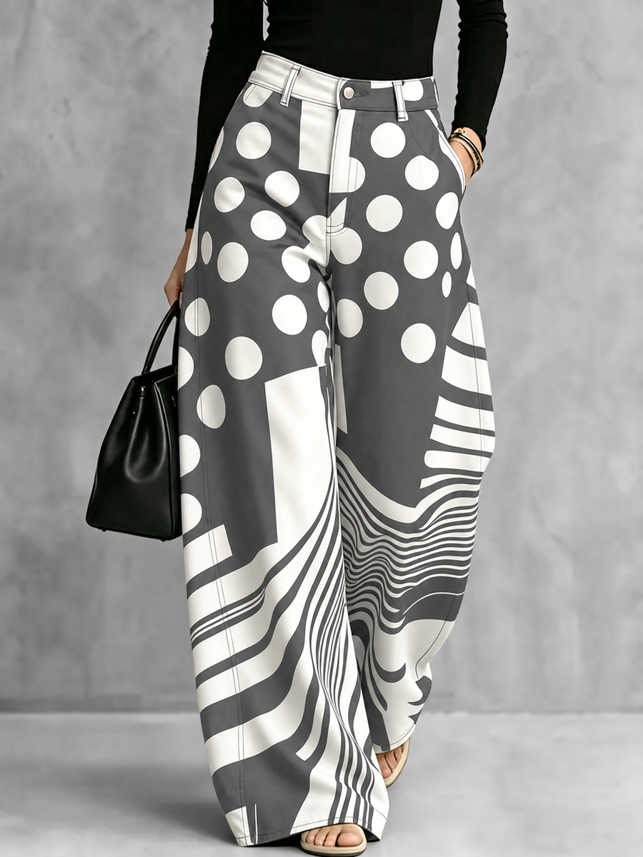 Pantalon rayé boutonné ample à fermeture éclair, à pois, à poches, à jambes larges, couleur contrastée
