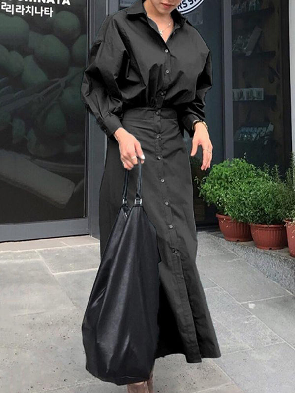 Robe chemise ample plissée à manches bouffantes, à empiècements, à col revers, couleur unie