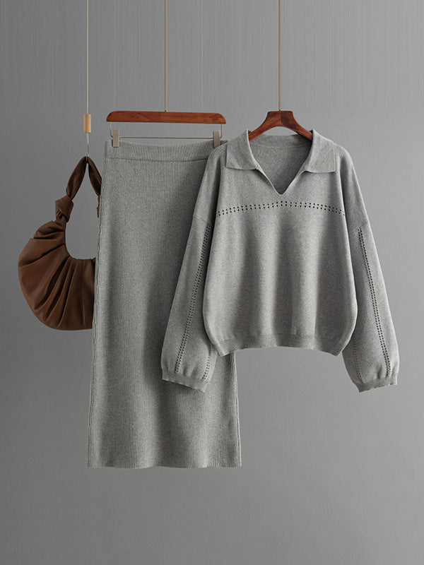 Ensemble deux pièces ample ajouré à manches bouffantes, à taille élastique, couleur unie – pull + jupe