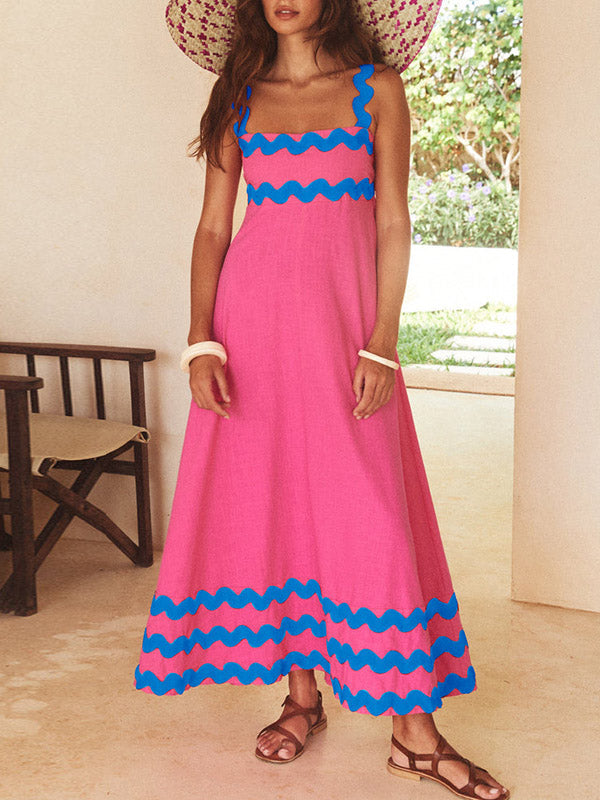 Robe mi-longue coupe trapèze, taille haute, à fermeture éclair, à col carré, couleur contrastée