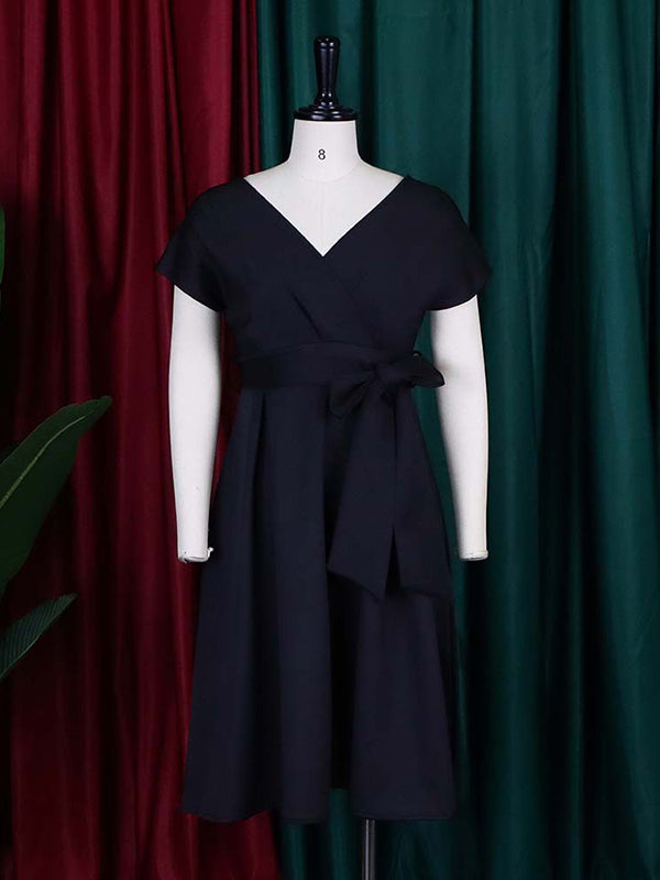 Robe mi-longue à nœud, à lacets, à col en V, couleur unie