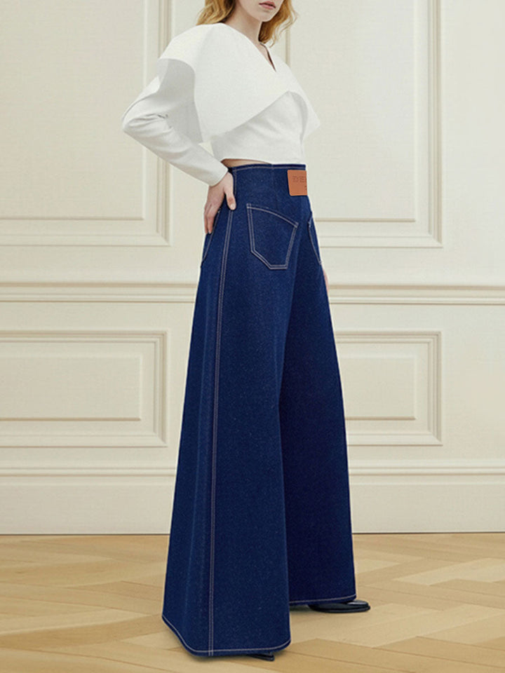 Jean ample taille haute, à taille élastique, à poches, à fermeture éclair, couleur unie