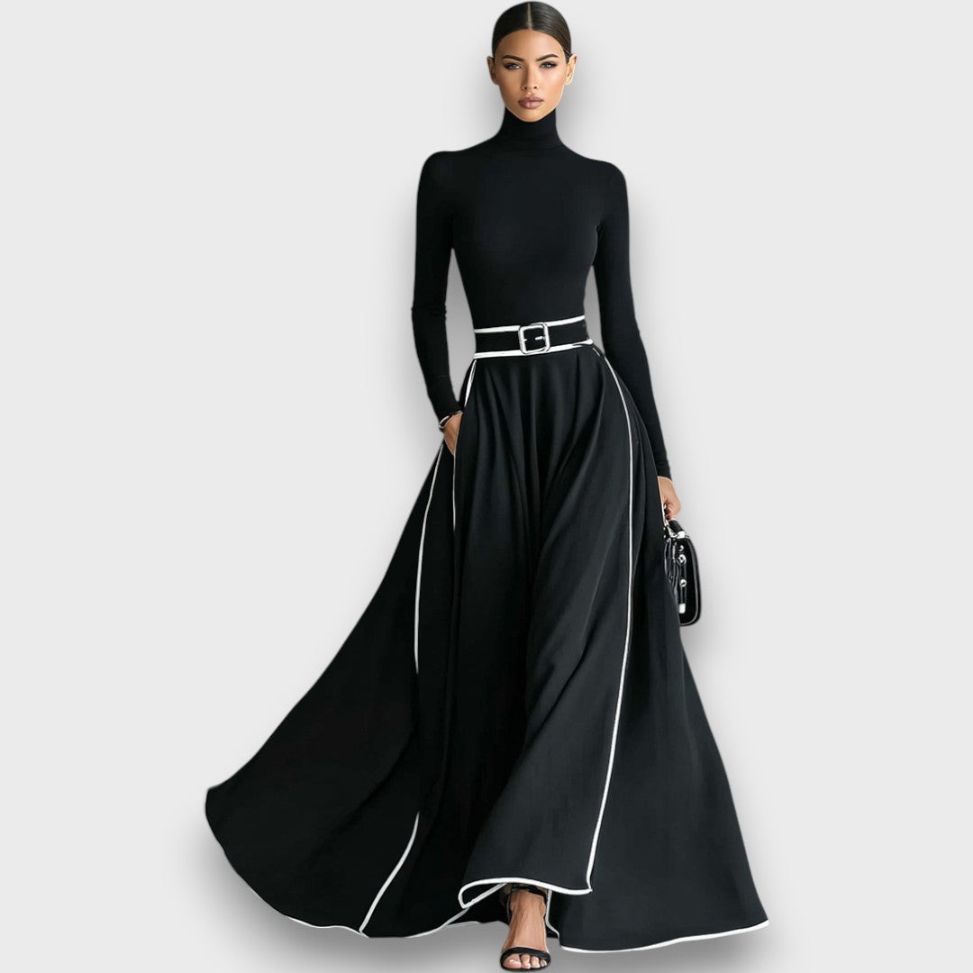 Marceline – Robe maxi noire avec coutures blanches