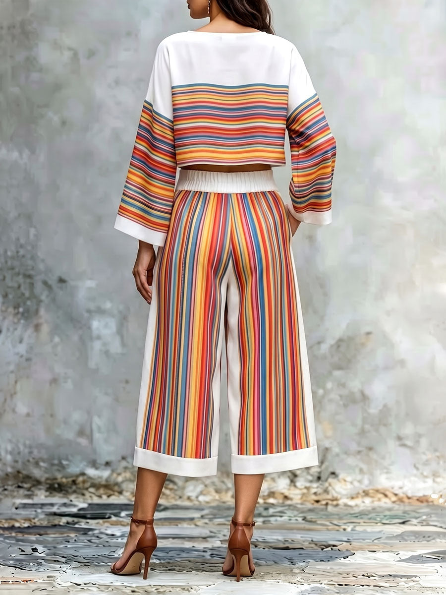 Pantalon court rayé multicolore ample à poches, à jambes larges
