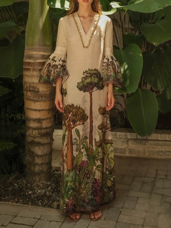 Robe longue ample à manches évasées, à imprimé feuilles, à col en V