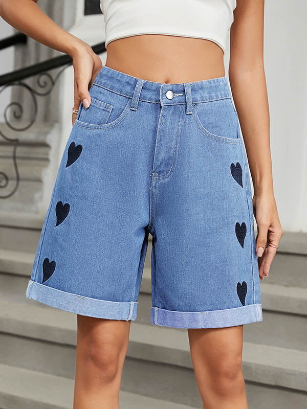 Jean ample boutonné taille haute, à imprimé cœurs, à poches