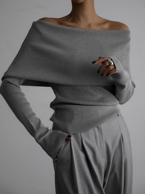 Pull ample à manches longues, à épaules dénudées, couleur unie