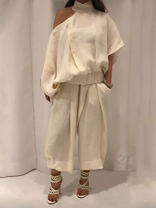 Pantalon ample boutonné décontracté à jambes larges, couleur unie