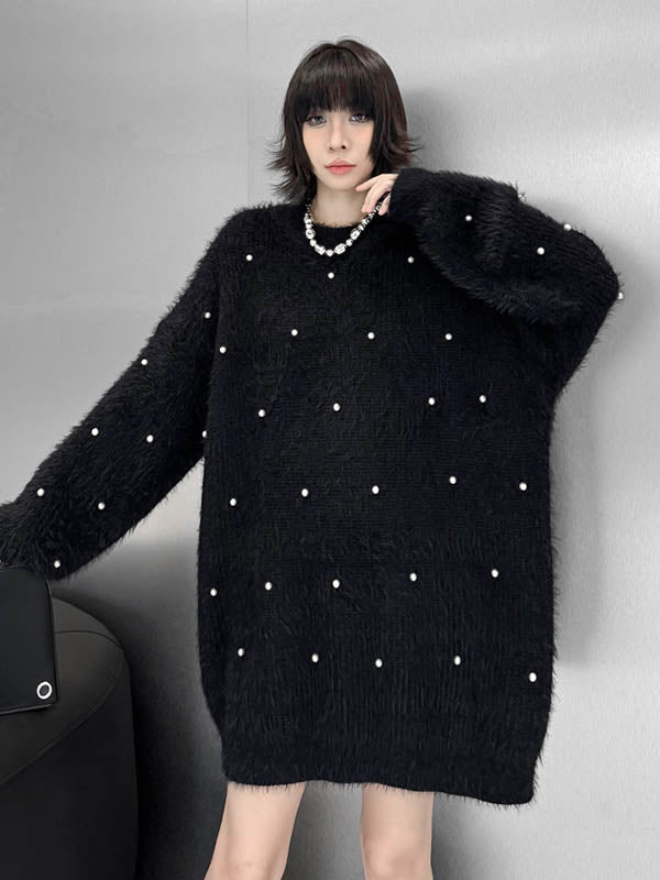Robe pull ample brillante à manches longues, à perles, à empiècements, à col rond, couleur contrastée