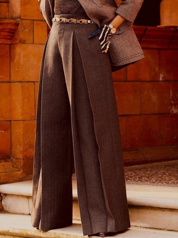 Pantalon ample plissé taille haute, à poches, couleur unie