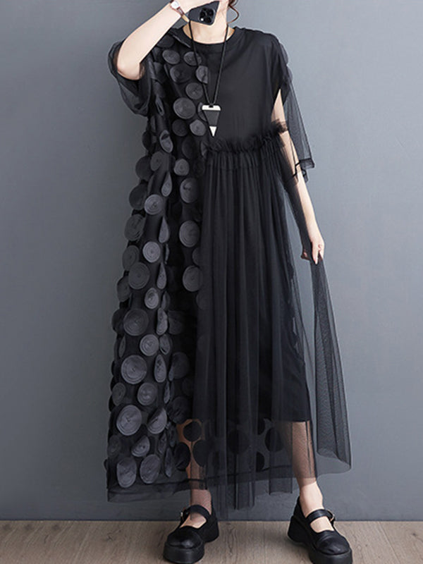 Robe mi-longue ample asymétrique à manches courtes, en gaze, à empiècements, à col rond