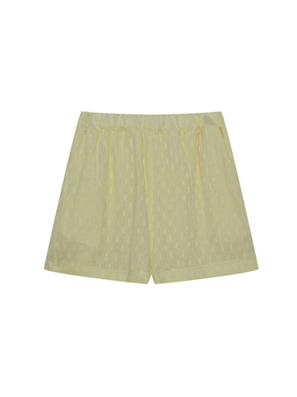 Ensemble deux pièces boutonné à ourlet plongeant, à manches longues, en jacquard, à col revers, couleur unie – chemise + haut + short