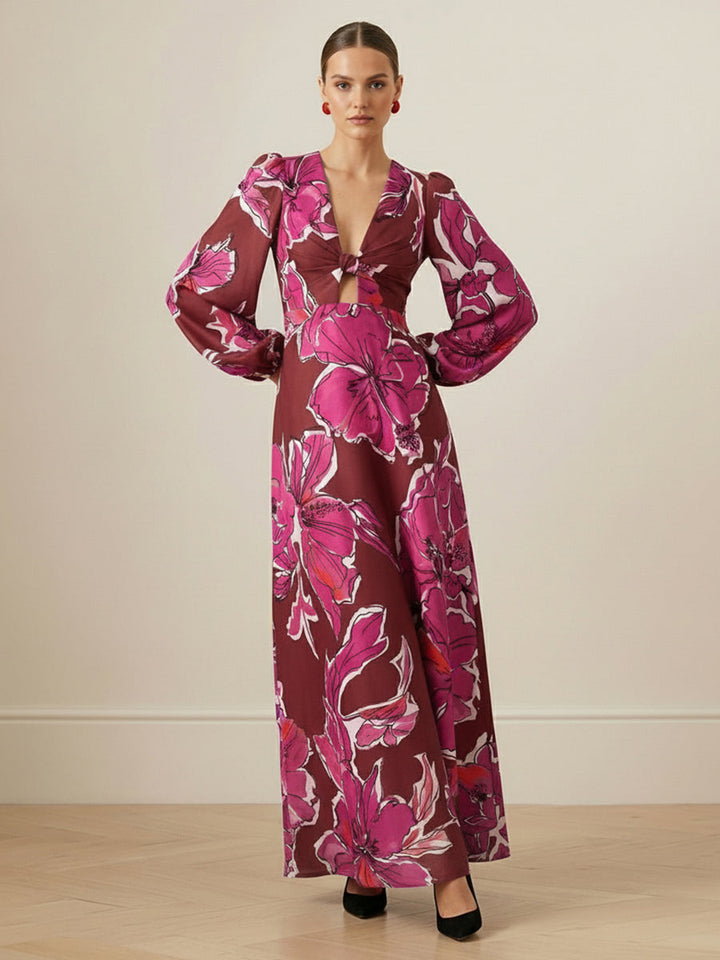 Taille élastiquée, manches longues, couleur contrastée, imprimé floral, creux, fente fendue, torsadé, décolleté en v profond, robes longues