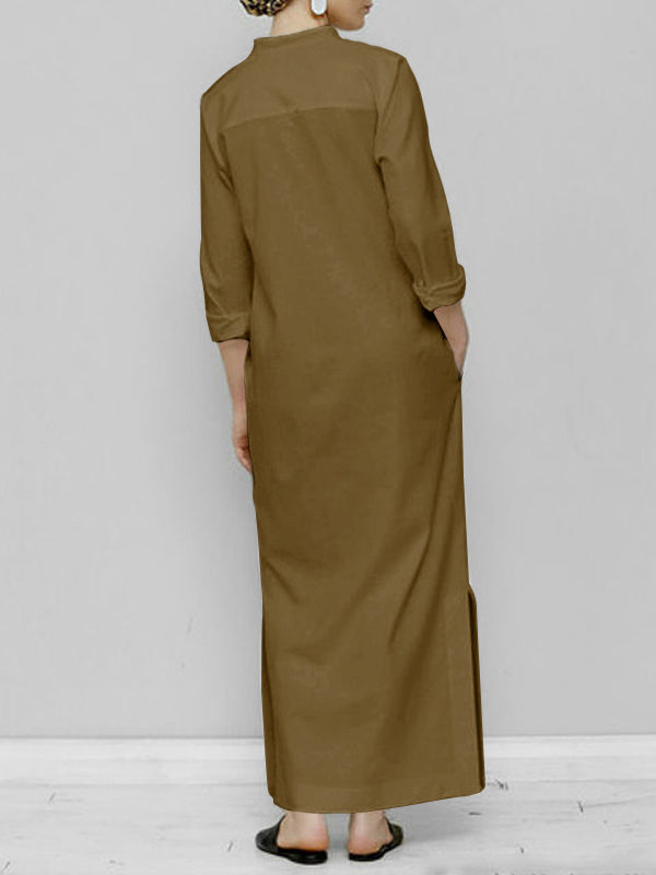 Robe longue ample à manches longues, à empiècements, à col en V, couleur unie
