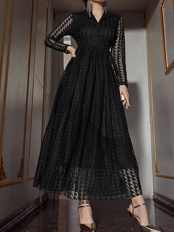 Robe longue boutonnée transparente taille haute, à manches longues, en gaze, à col en V, couleur unie
