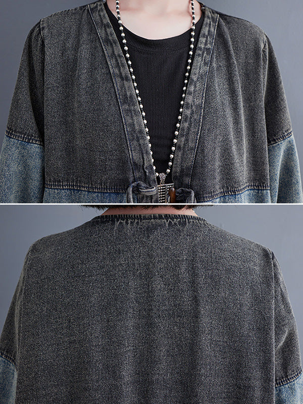 Artistique Rétro Denim Manches Longues Lâche Attaché à empiècements Trench Manteaux