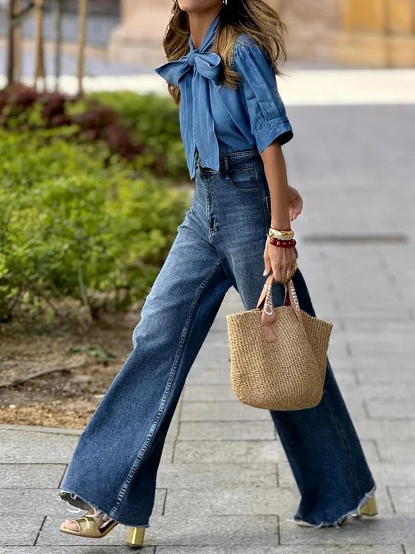 Jean taille haute, à jambes droites, en dégradé, à empiècements