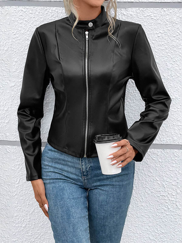 Veste boutonnée à manches longues, coupe près du corps, à empiècements, à fermeture éclair, à col montant, couleur unie