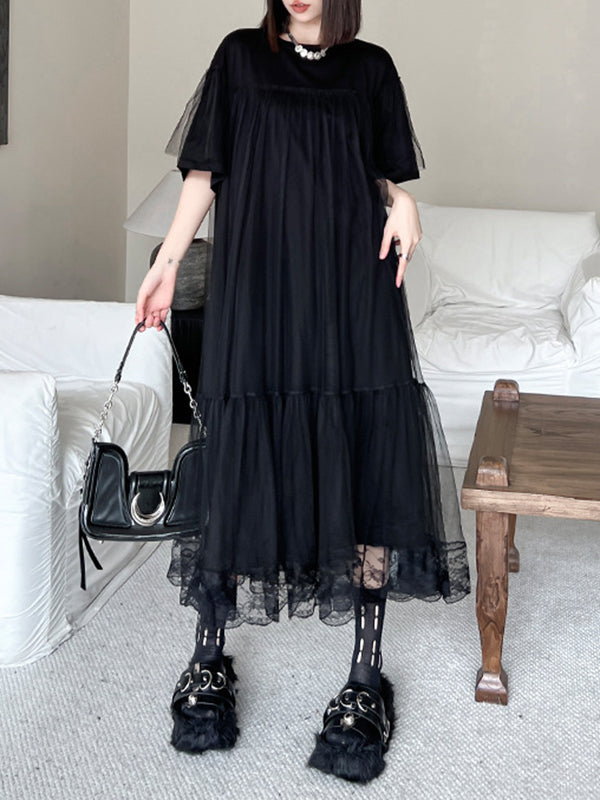 Fausses robes mi-longues en gaze ample plissées en deux pièces, couleur unie, à empiècements, à plusieurs niveaux, col rond