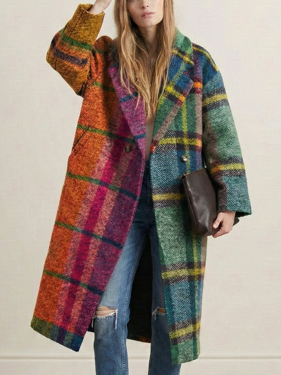 Coupe-vent ample à manches trois-quarts, couleur contrastée, carreaux à revers fendus, manteau en laine