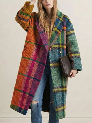 Coupe-vent ample à manches trois-quarts, couleur contrastée, carreaux à revers fendus, manteau en laine
