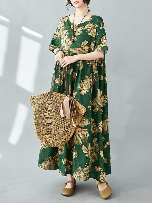 Robe mi-longue ample plissée à manches mi-longues, à imprimé floral, à poches, à col rond