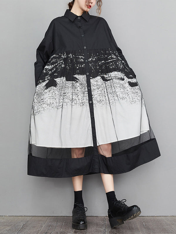 Robe mi-longue boutonnée imprimée coupe trapèze, à manches longues, en gaze, à empiècements, à col revers