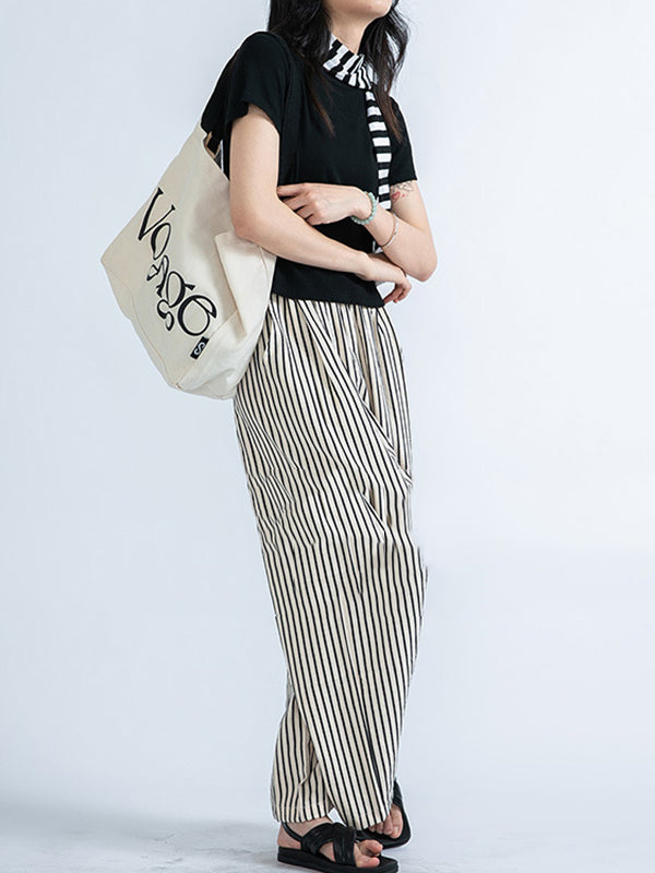 Pantalon ample rayé taille haute, à empiècements