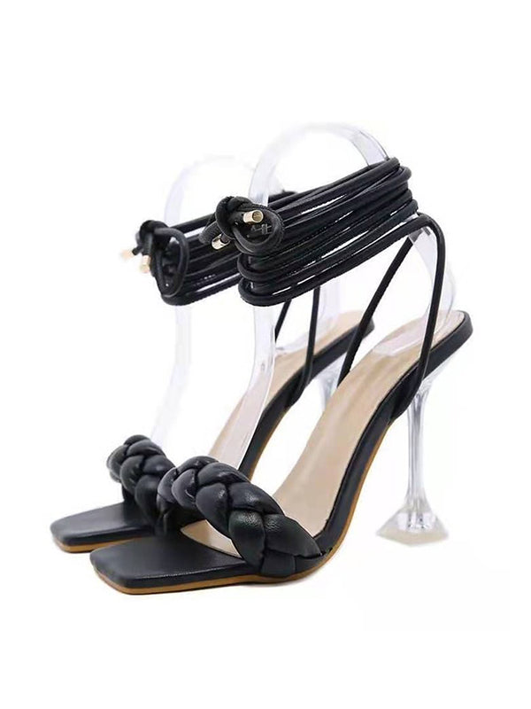 Sandales à talons à lacets, à bout ouvert, à empiècements, à bout carré