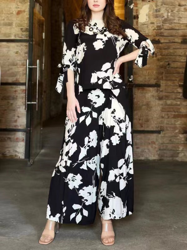 Ensemble deux pièces noué à imprimé floral, à col rond, à jambes larges – t-shirt + pantalon