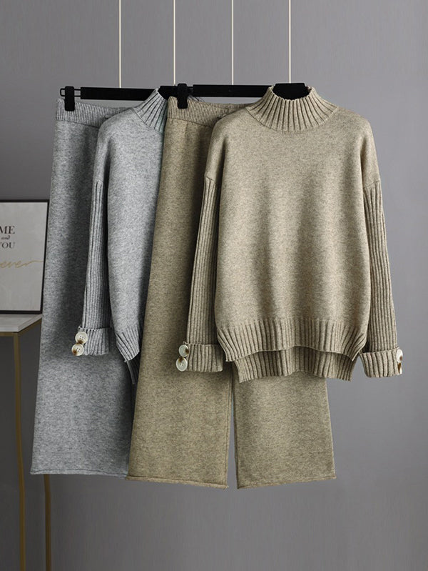 Pull urbain à manches longues et demi-col roulé de couleur unie & Pantalon large Ensemble deux pièces