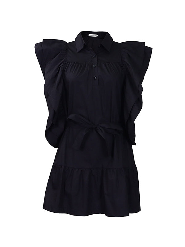 Robe courte boutonnée plissée volantée coupe trapèze, taille haute, à taille nouée, à col revers, couleur unie