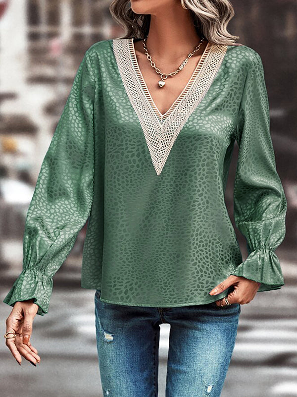 Chemisier ample ajouré à manches longues, à taille élastique, en jacquard, à imprimé léopard, à empiècements, à col en V