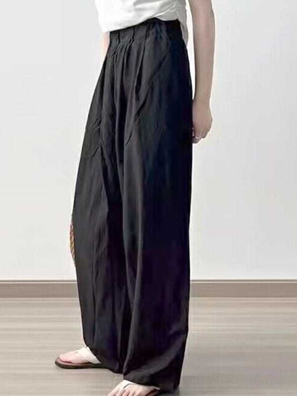 Pantalon ample plissé taille haute, à taille élastique, à poches, couleur unie